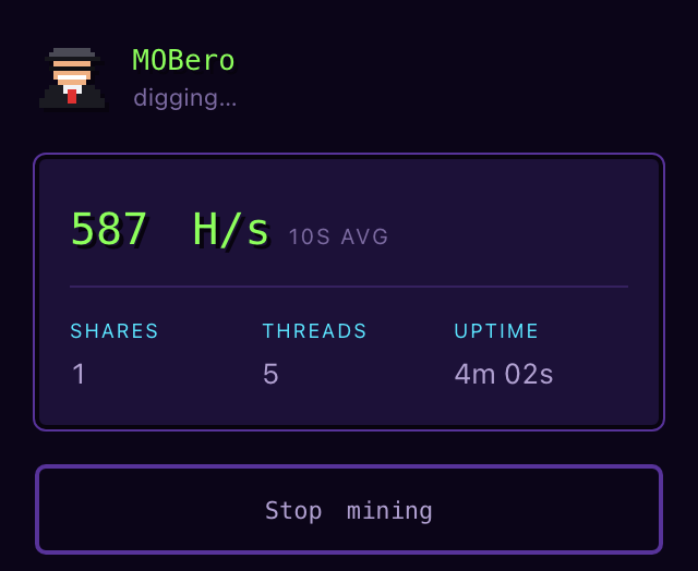 The MOBero popup mining at 587 hashes per second